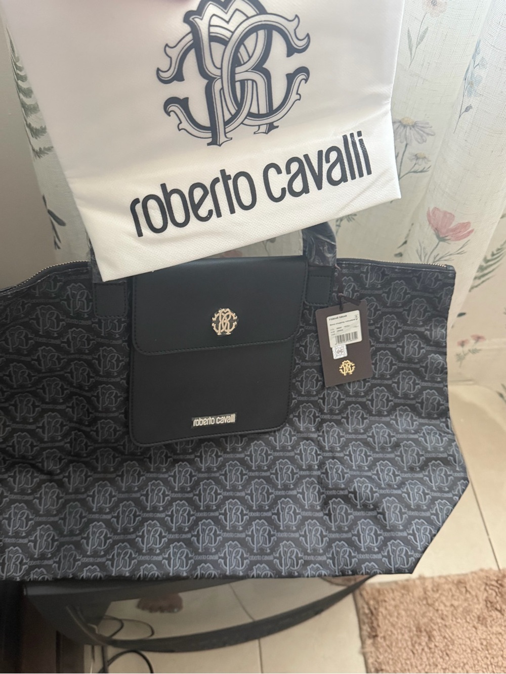 Roberto Cavalli Black Monogram Tote with Front Flap Pocket